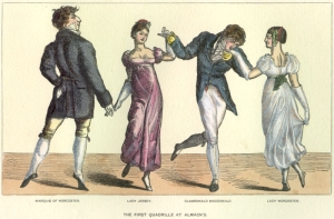 A print called The First Quadrille at Almack&#039;s provides an example of Regency Period attire.