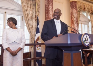Smith at the podium during the swearing-in service.